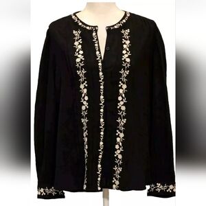 Wonderly Black w/ White Embroidery Long Sleeve Blouse Sz L 100% Cotton Pre-own